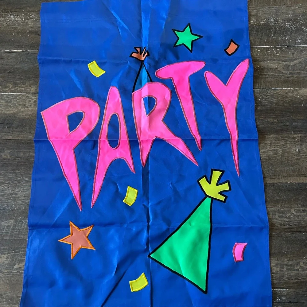 Vintage Style Party Garden Flag Blue Neon Pink Applique Celebration 28x40
